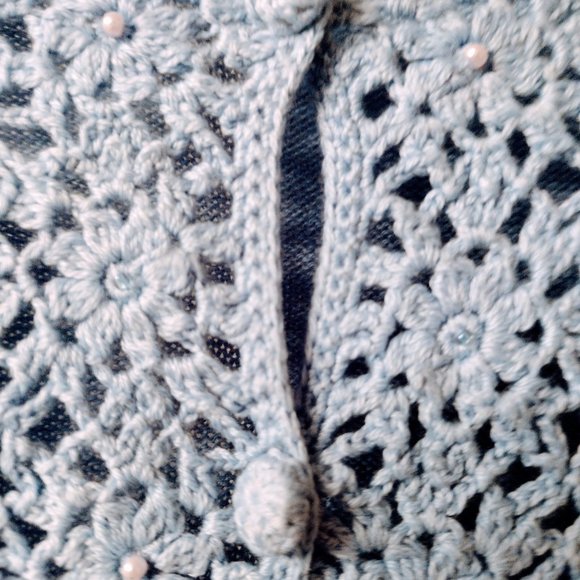 Casual Corner Annex Button Up Lt Blue Sweater Crochet Flowers w/ Pearls Sz M - Picture 2 of 7